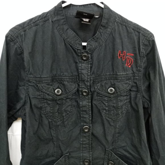 Harley Davidson Black Button Down Shirt Rhinestones Embroidered Red Rose - Picture 3 of 13